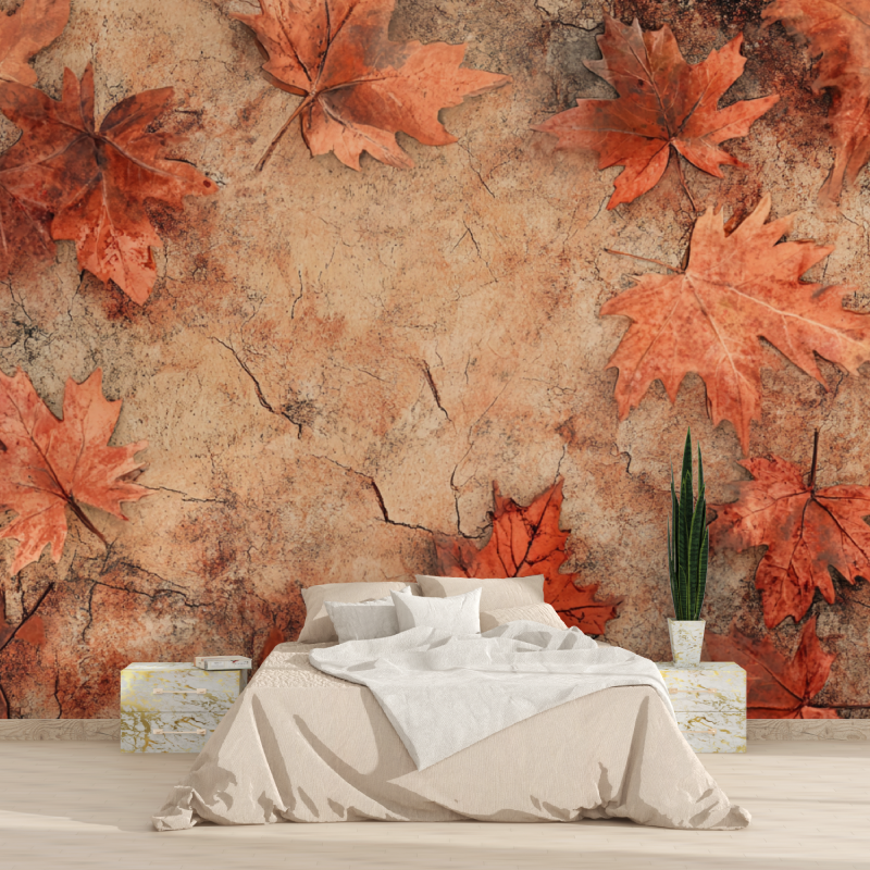 Nature Mural Wallpaper | Terracotta Maple Leaves with Aged Effect