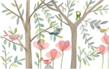 Forest Birds Mural Wallpaper | Enchanted Garden with Pink Flowers