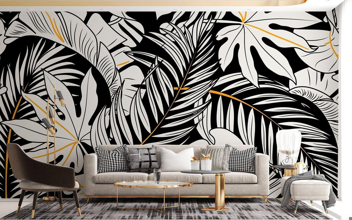 Papier Peint Mural Tropical | Monstera Noir et Blanc avec Accents Dorés