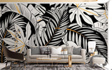 Papier Peint Mural Tropical | Monstera Noir et Blanc avec Accents Dorés