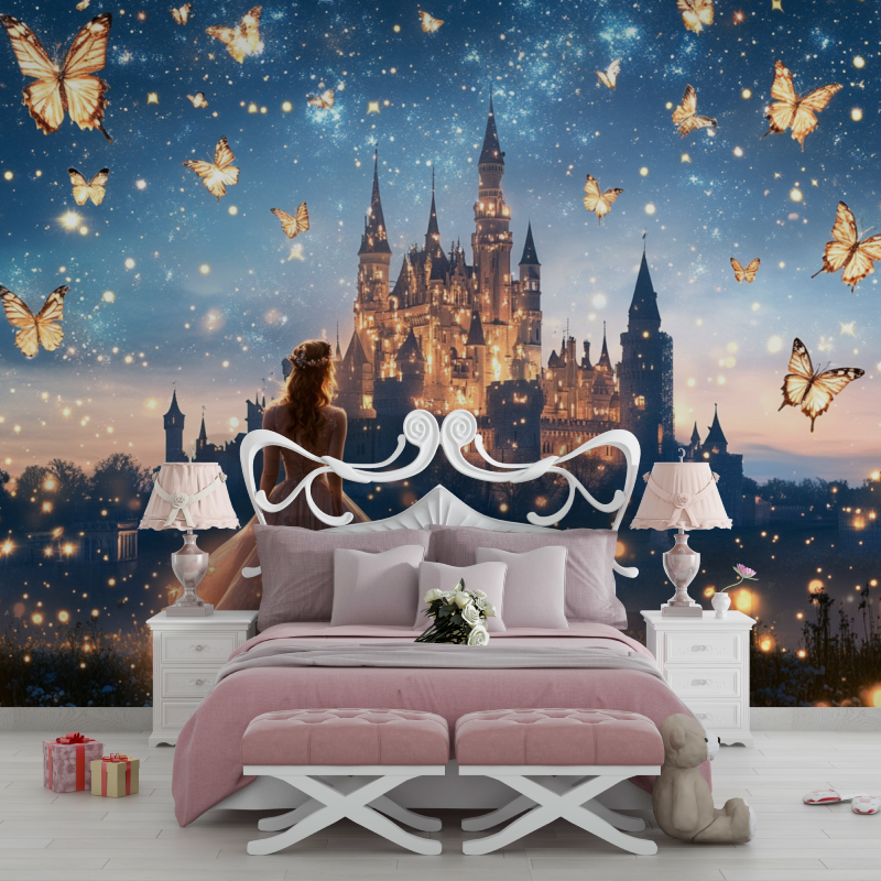 Princess Mural Wallpaper | Magical Castle with Golden Butterflies