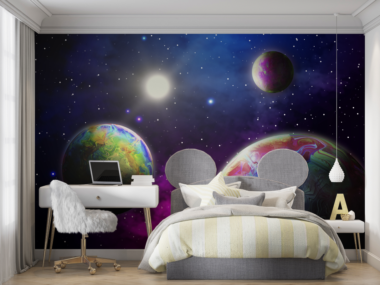 Space Mural Wallpaper | Colorful Galaxy Planets in 3D