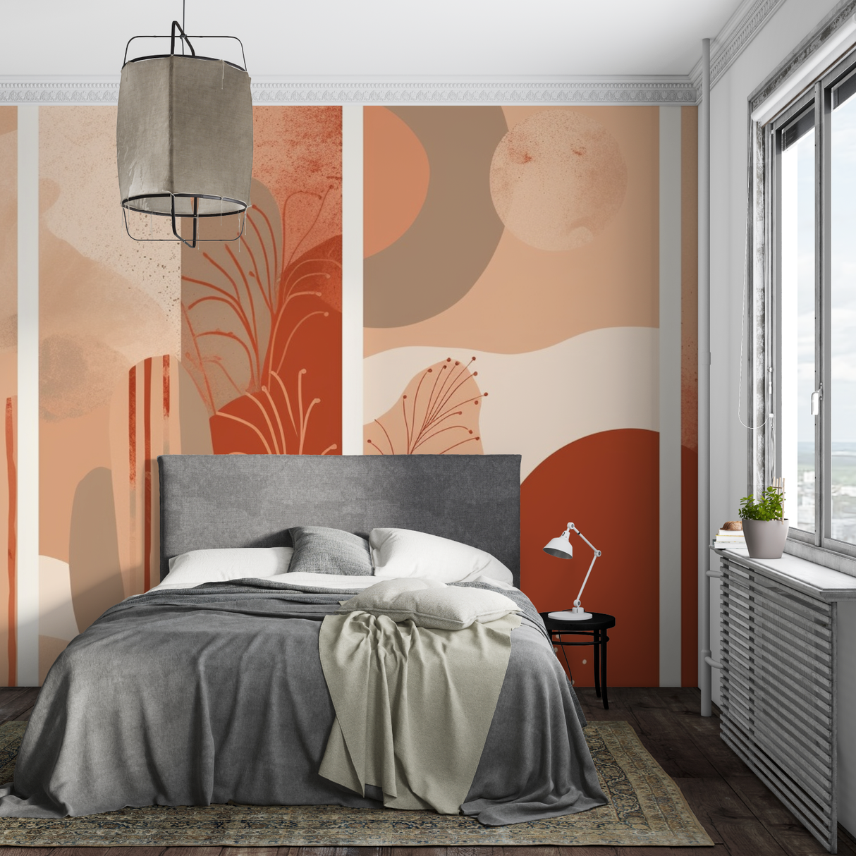Abstract Mural Wallpaper | Terracotta Curves and Floral Design