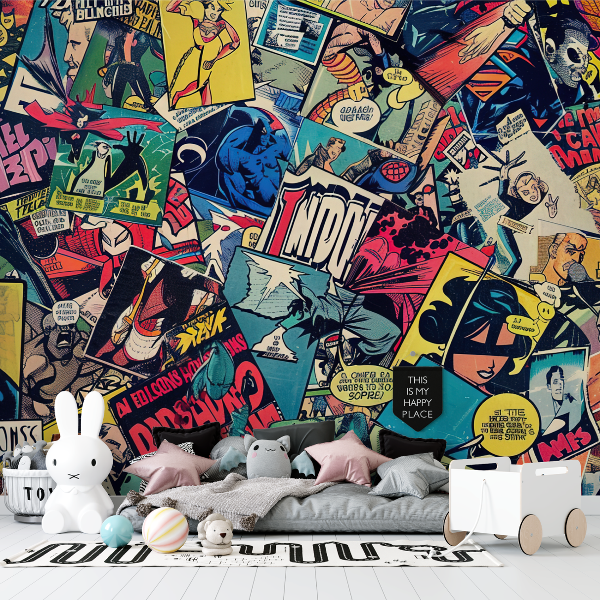Comic Book Mural Wallpaper | Retro Superhero Collage Design