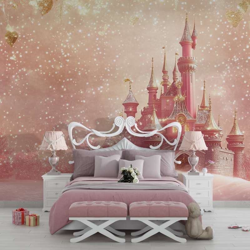 Princess Castle Mural Wallpaper | Magical Pink and Gold Design