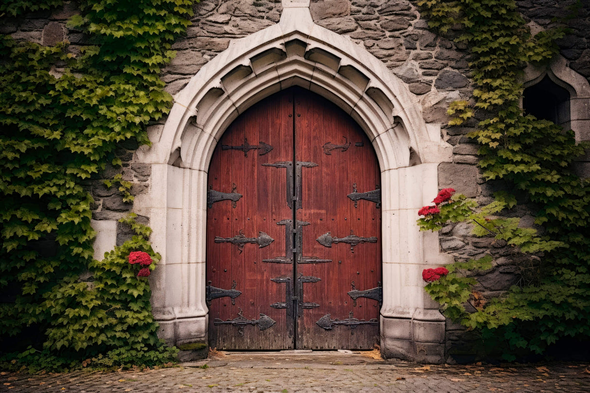 Gothic Door Mural Wallpaper | Ancient Stone Arch with Red Wood
