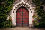 Gothic Door Mural Wallpaper | Ancient Stone Arch with Red Wood