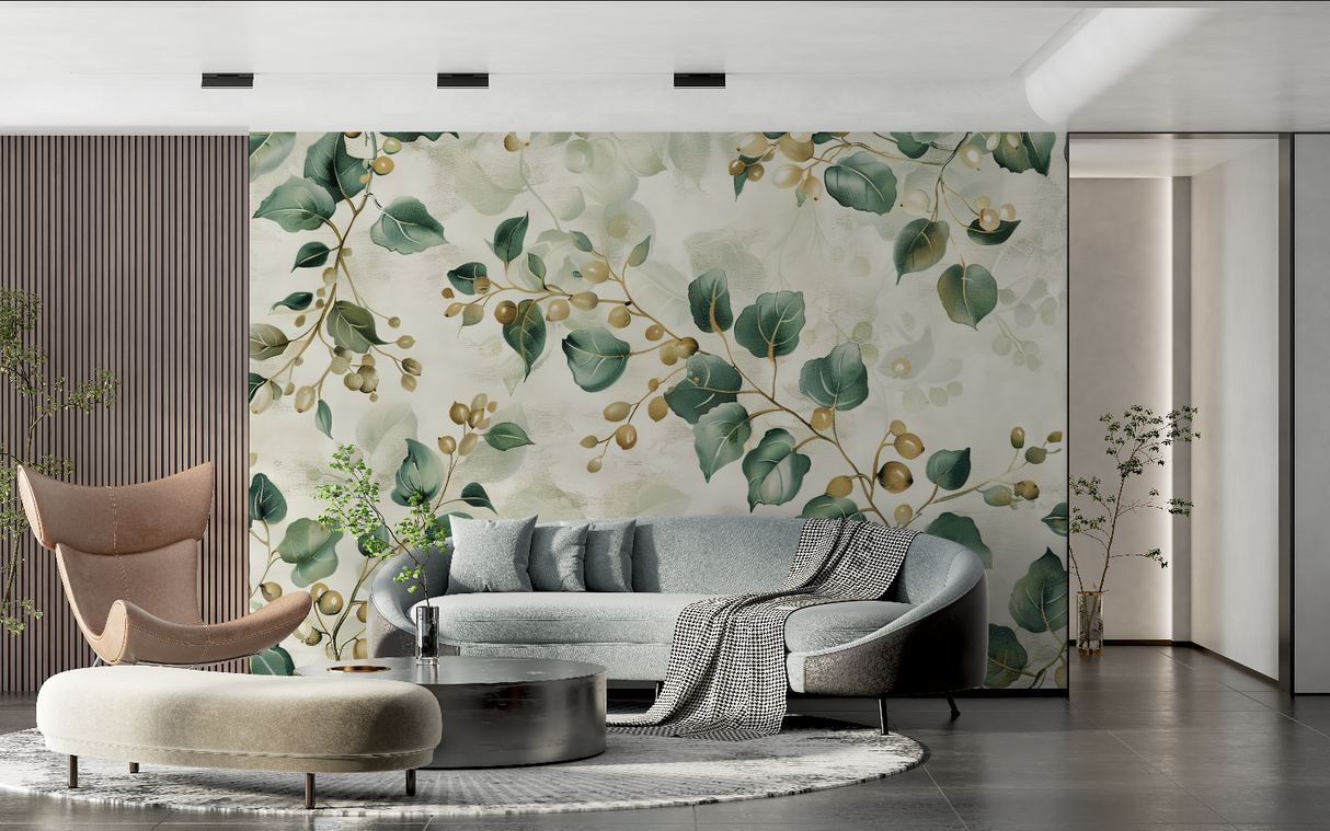Floral Mural Wallpaper | Elegant Green Leaves with Golden Berries