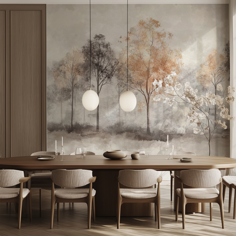 Forest Mural Wallpaper | Misty Trees in Grey and Terracotta