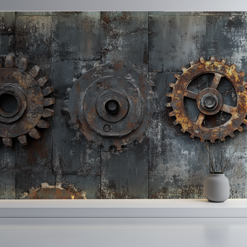 Industrial Mural Wallpaper | Vintage Steel and Gears Design