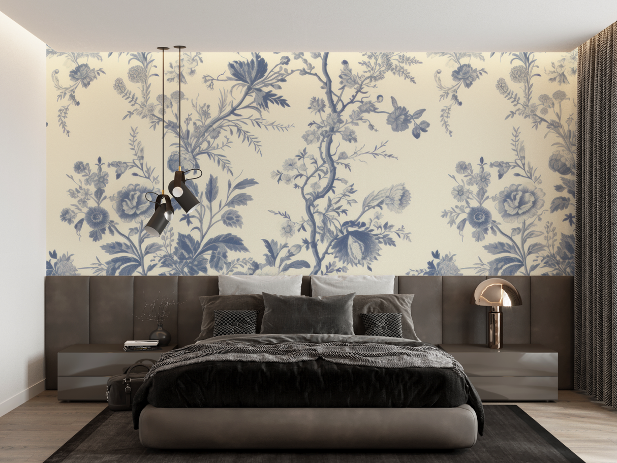 Floral Mural Wallpaper | Vintage Blue Toile de Jouy Pattern