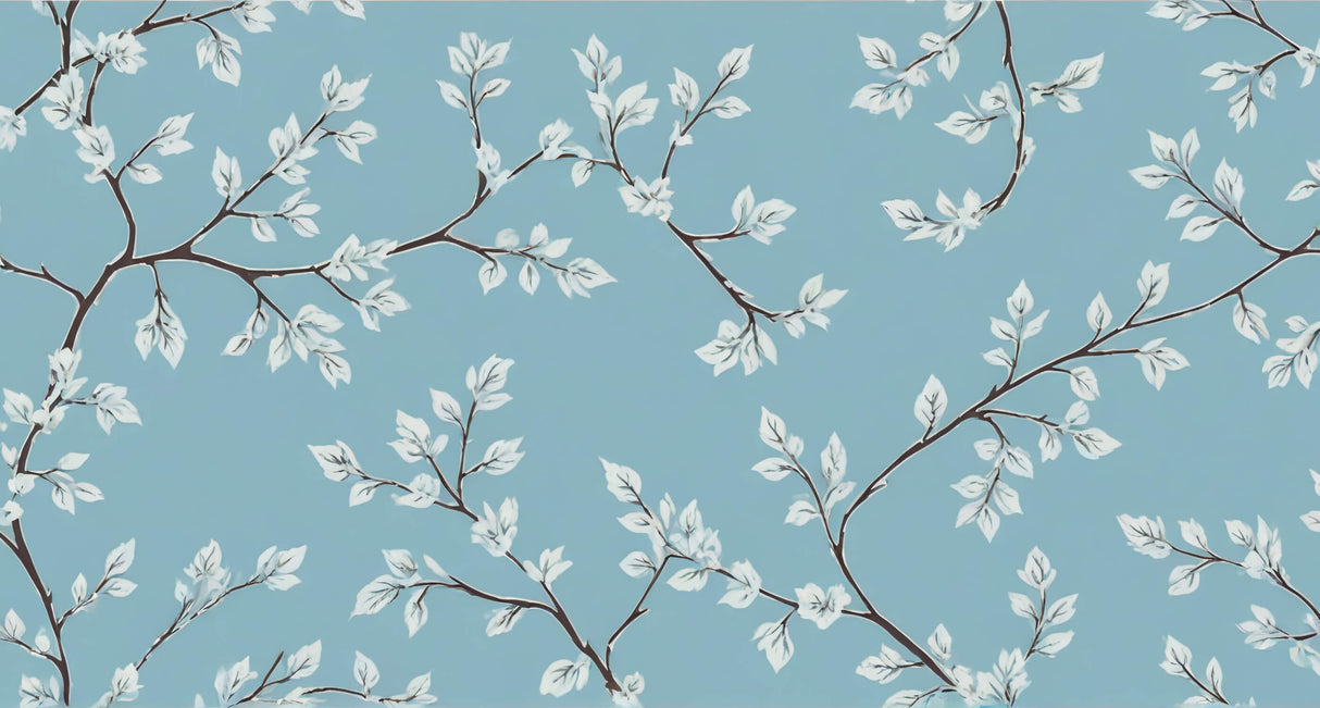 Floral Mural Wallpaper | White Leaves on Blue Background