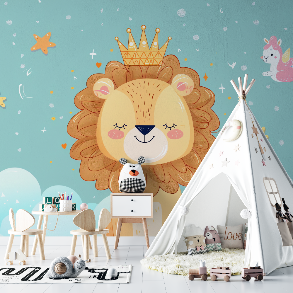 Lion Mural Wallpaper | Crowned Baby Lion with Clouds