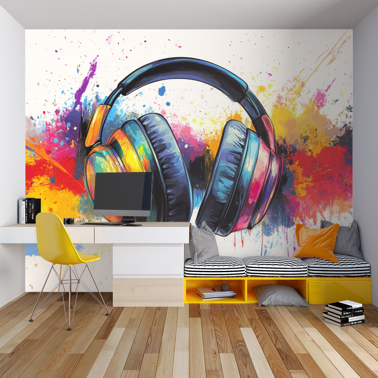 Music Mural Wallpaper | Colorful Headphones Graffiti Art