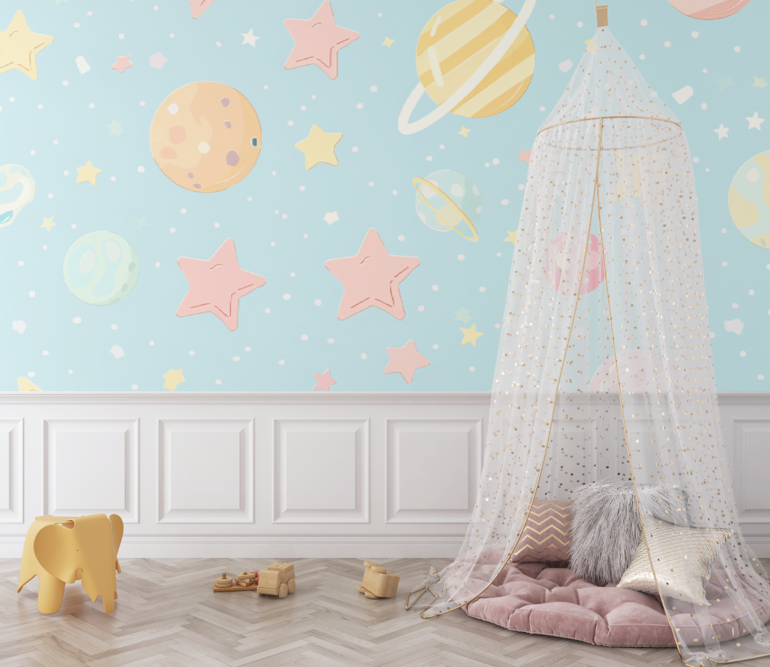 Space Mural Wallpaper | Pastel Planets and Stars Design