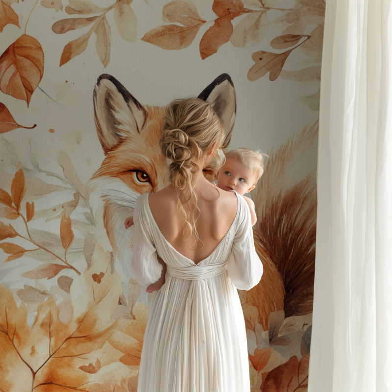 Forest Animals Mural Wallpaper | Autumn Fox with Watercolor Leaves