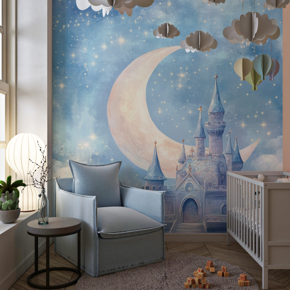 Fantasy Castle Mural Wallpaper | Magical Night Sky with Moon