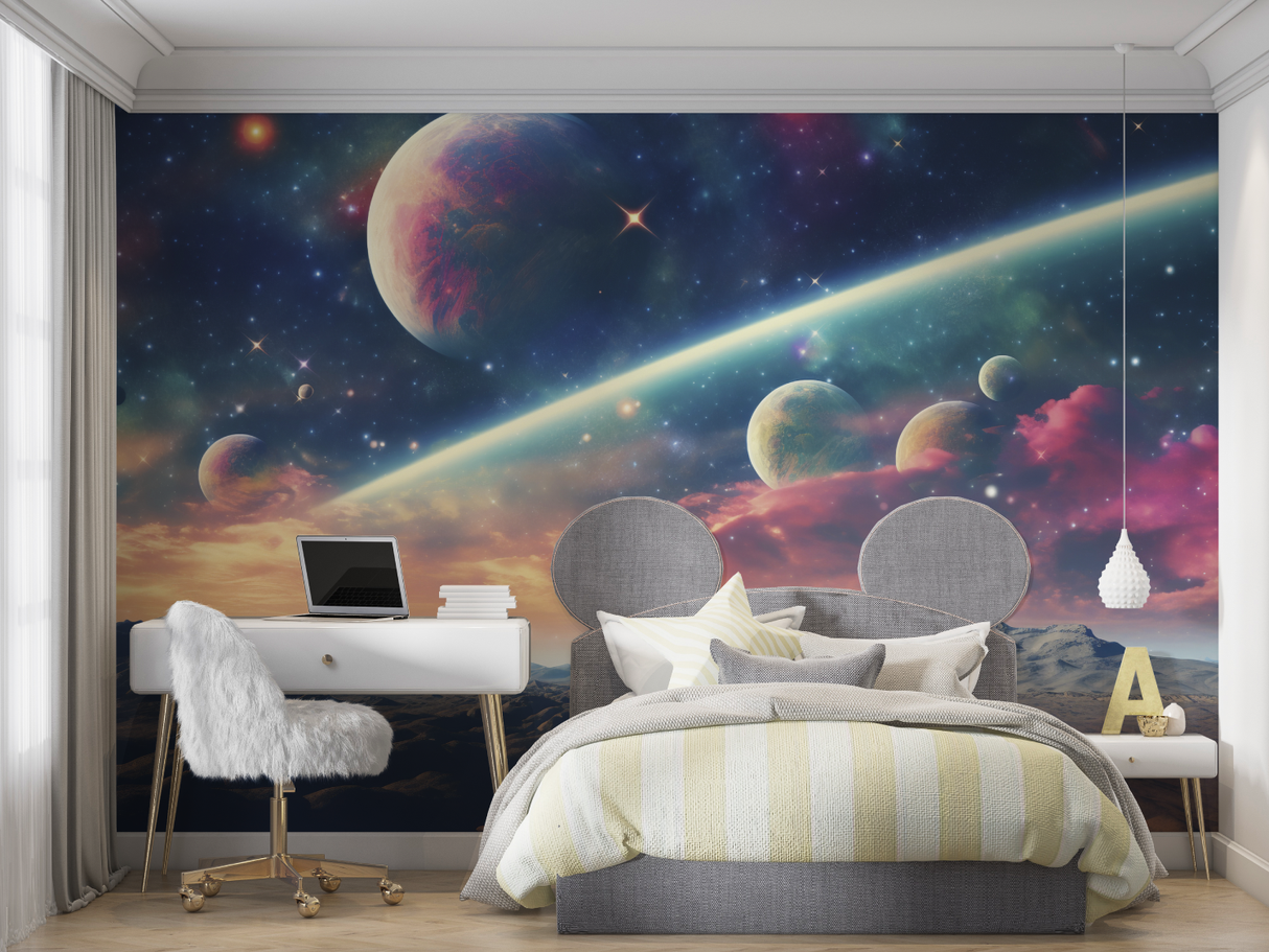 Space Mural Wallpaper | Cosmic Nebula With Planets