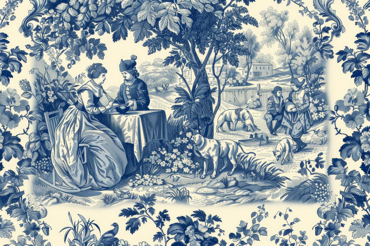 Vintage Mural Wallpaper | Blue and Beige Toile de Jouy Scene