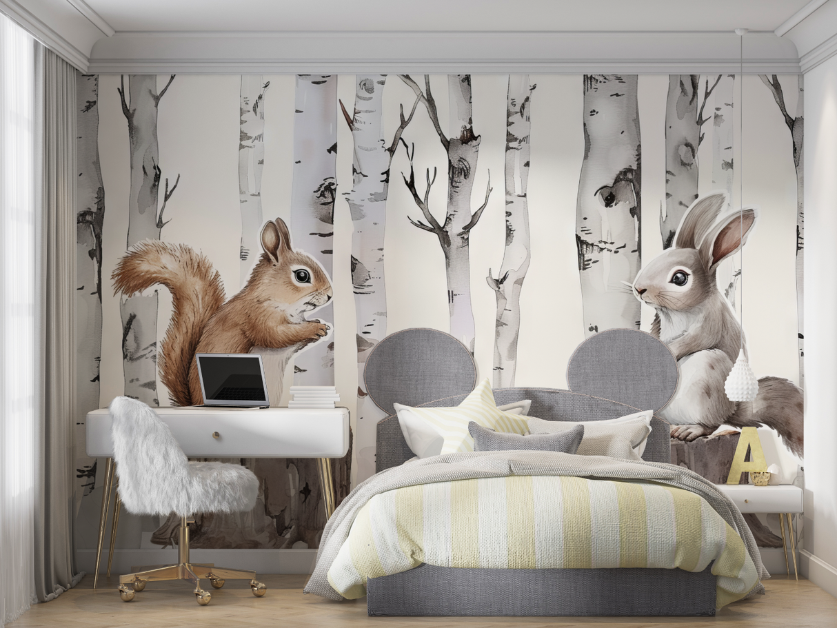 Forest Animals Mural Wallpaper | Bunny and Squirrel with Birch Trees