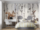 Forest Animals Mural Wallpaper | Bunny and Squirrel with Birch Trees