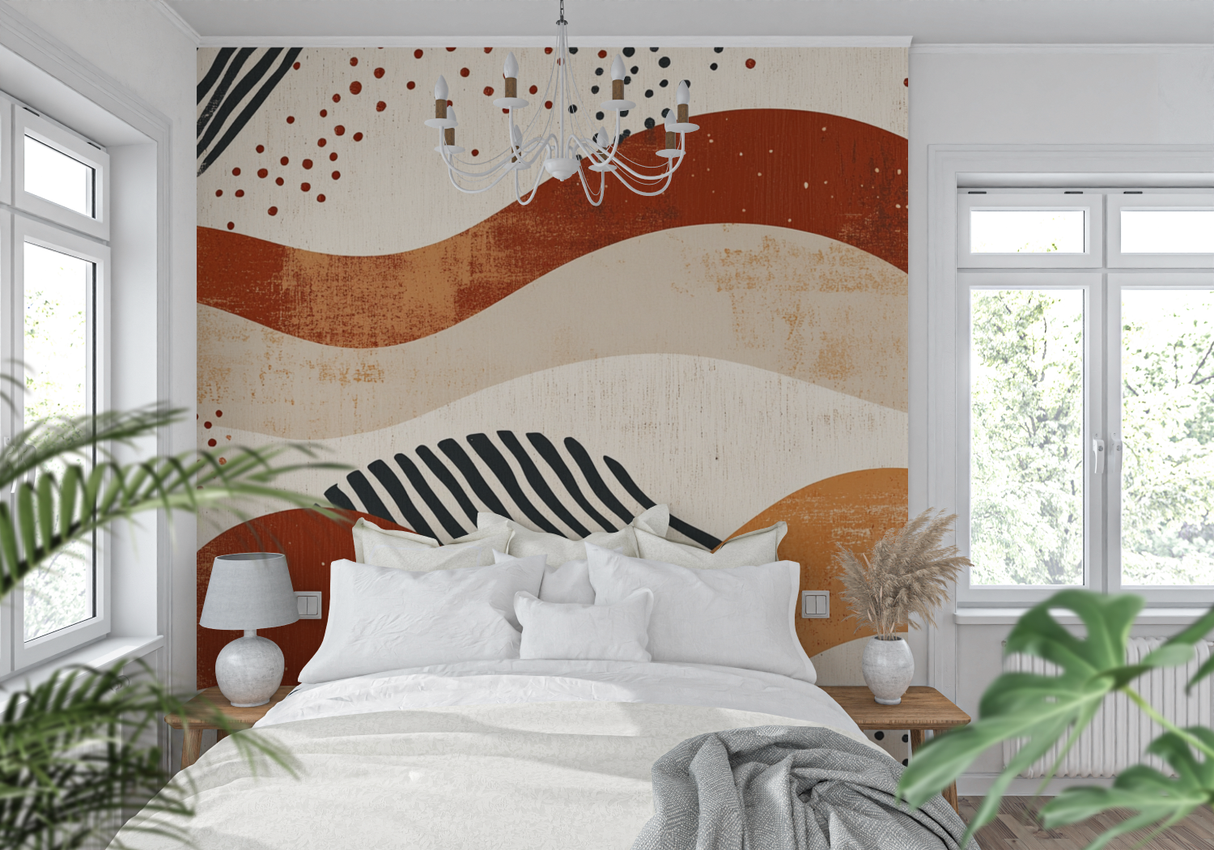 Abstract Mural Wallpaper | Terracotta Waves with Geometric Pattern