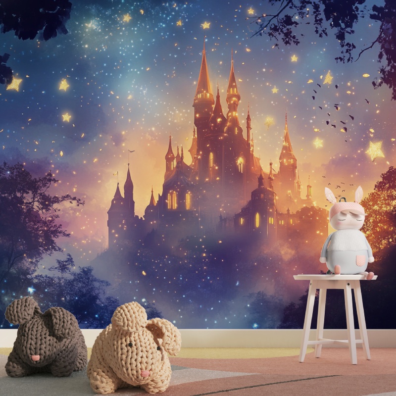 Castle Mural Wallpaper | Magical Night Sky With Golden Stars