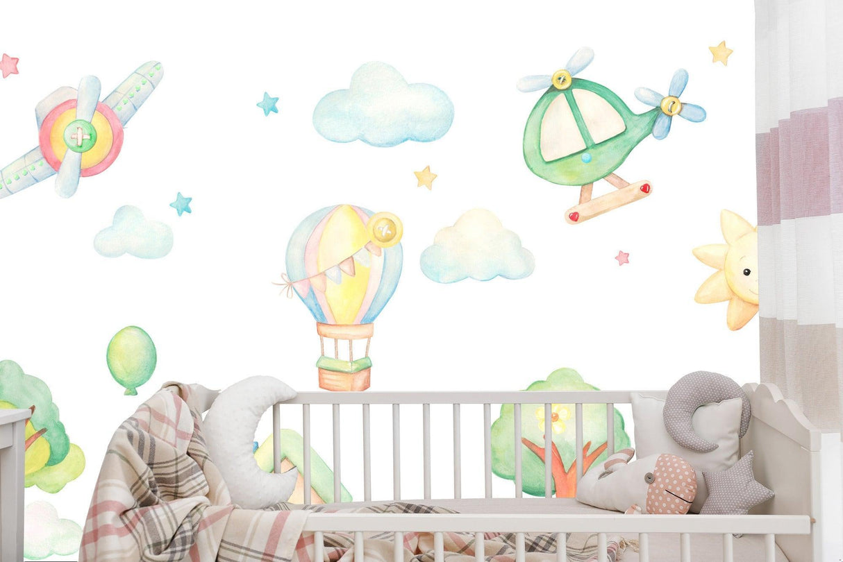 Kids Mural Wallpaper | Hot Air Balloon and Aircraft Adventure