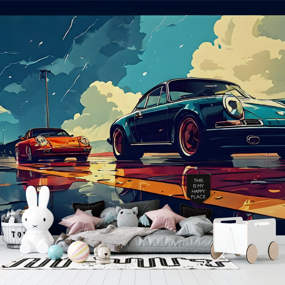 Sports Car Mural Wallpaper | Vintage Porsche Art Design