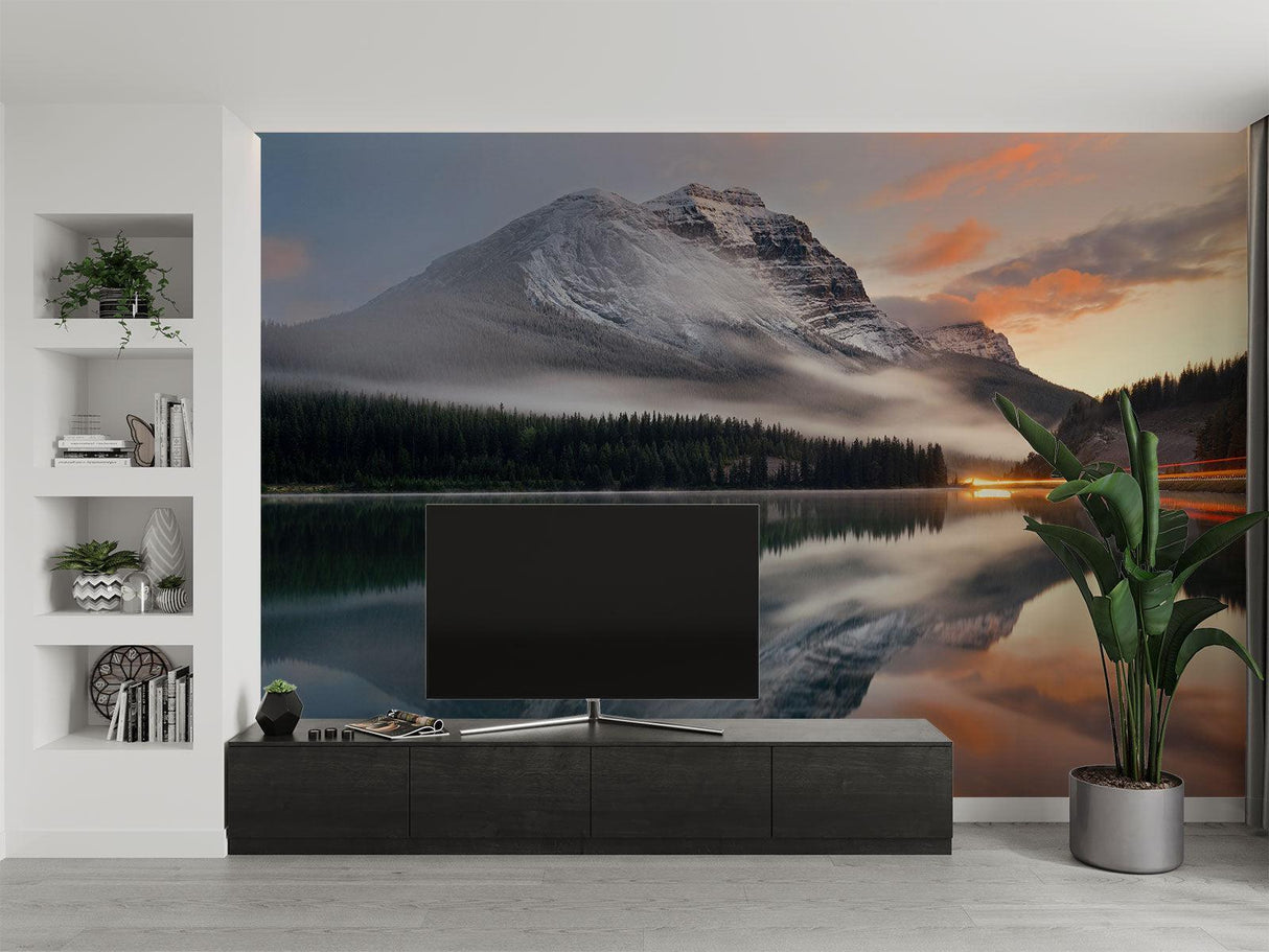 Mountain Lake Mural Wallpaper | Misty Sunset Reflection