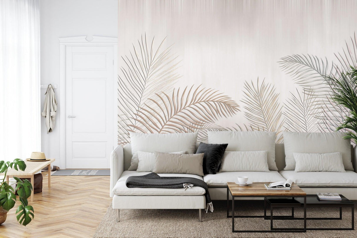 Palm Leaves Mural Wallpaper | Minimalist Beige Tropical Design
