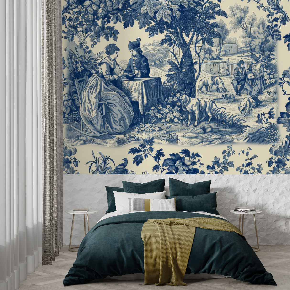 Vintage Mural Wallpaper | Blue and Beige Toile de Jouy Scene