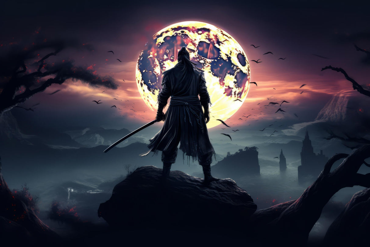 Japanese Mural Wallpaper | Warrior Silhouette with Moon