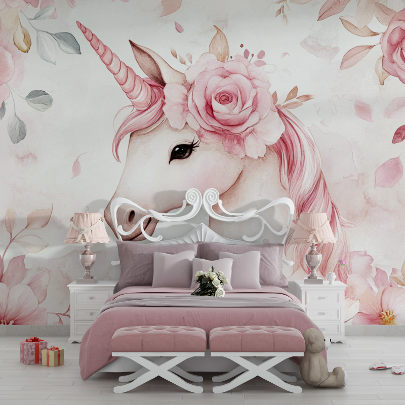 Unicorn Mural Wallpaper | Pink Roses and Watercolor Design