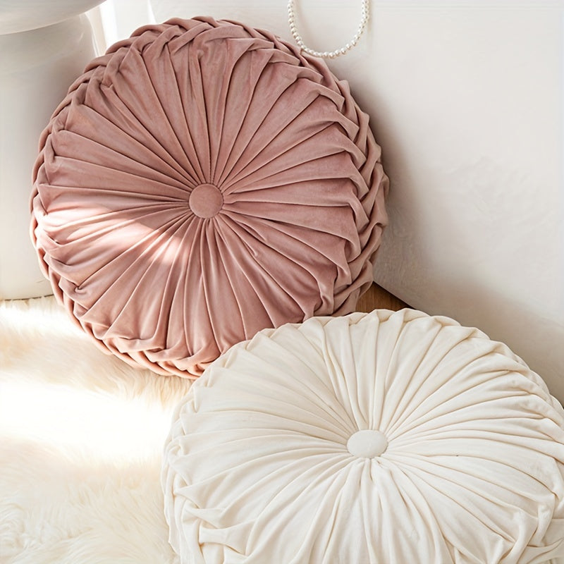 Round Velvet Cushion  Pleated Design with Center Button - Product showcase