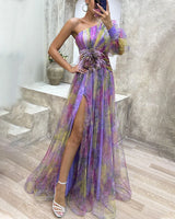 Watercolor Evening Gown  One Shoulder Multicolor Tulle Design - Product detail 6