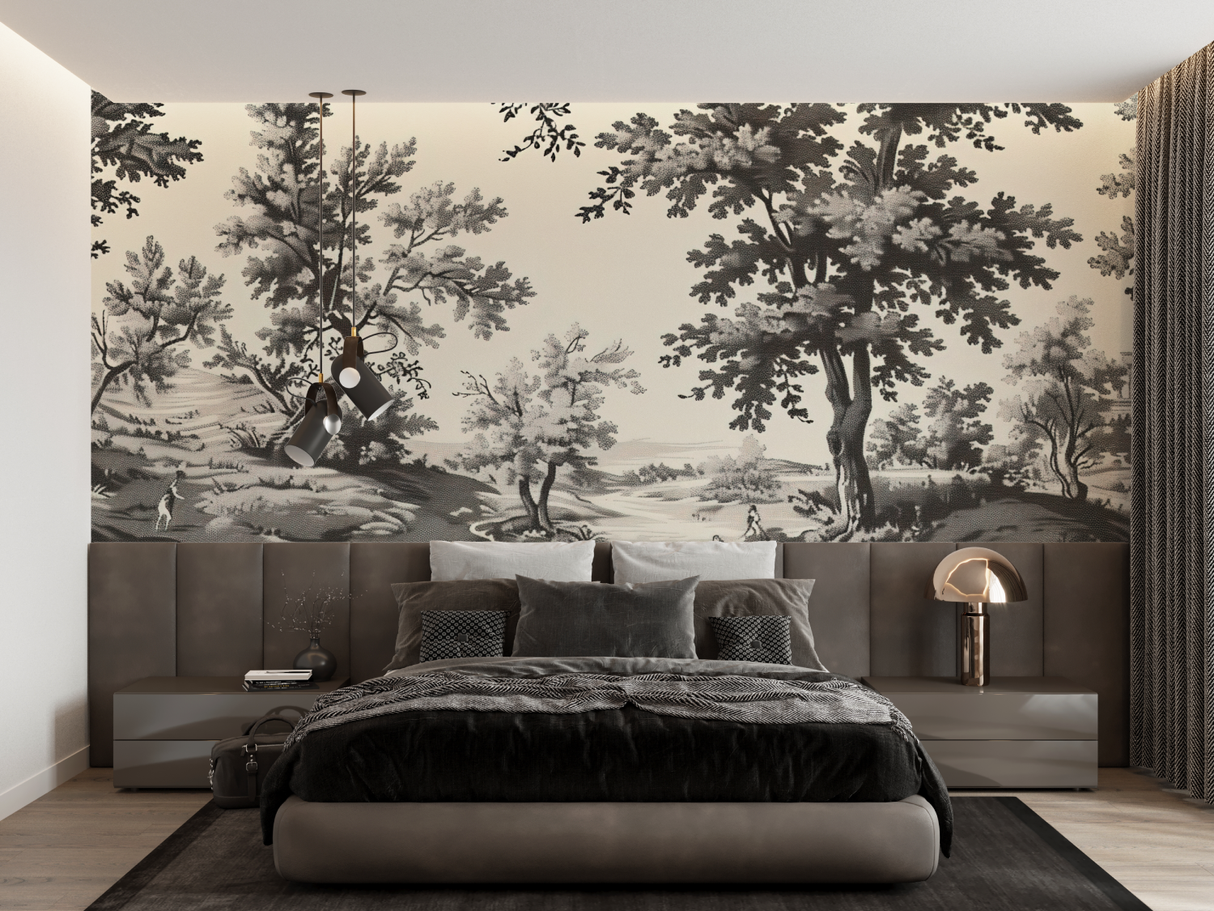 Forest Mural Wallpaper | Black and White Scenic Landscape
