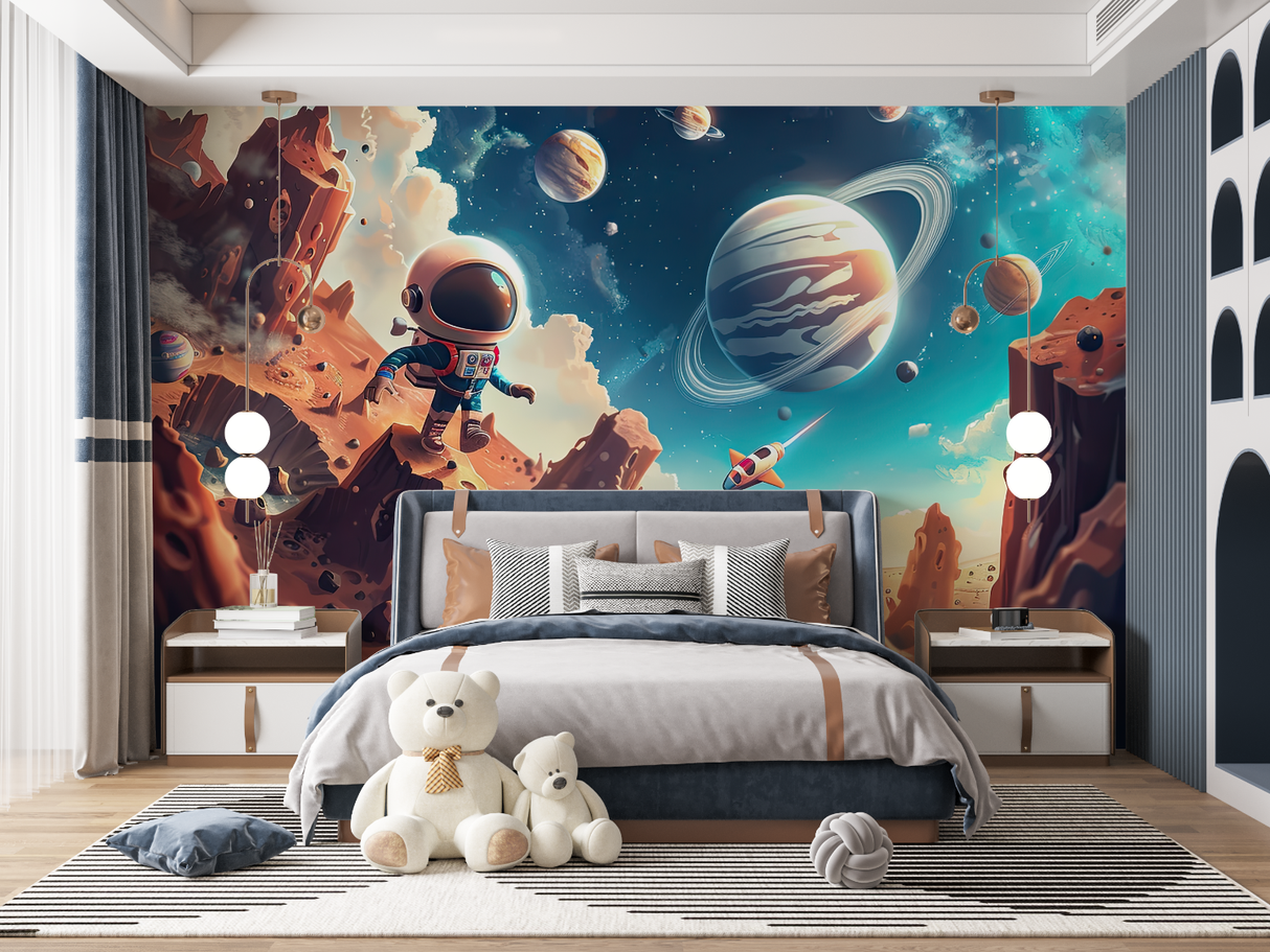 Galaxy Mural Wallpaper | Colorful Space Nebula with Planets