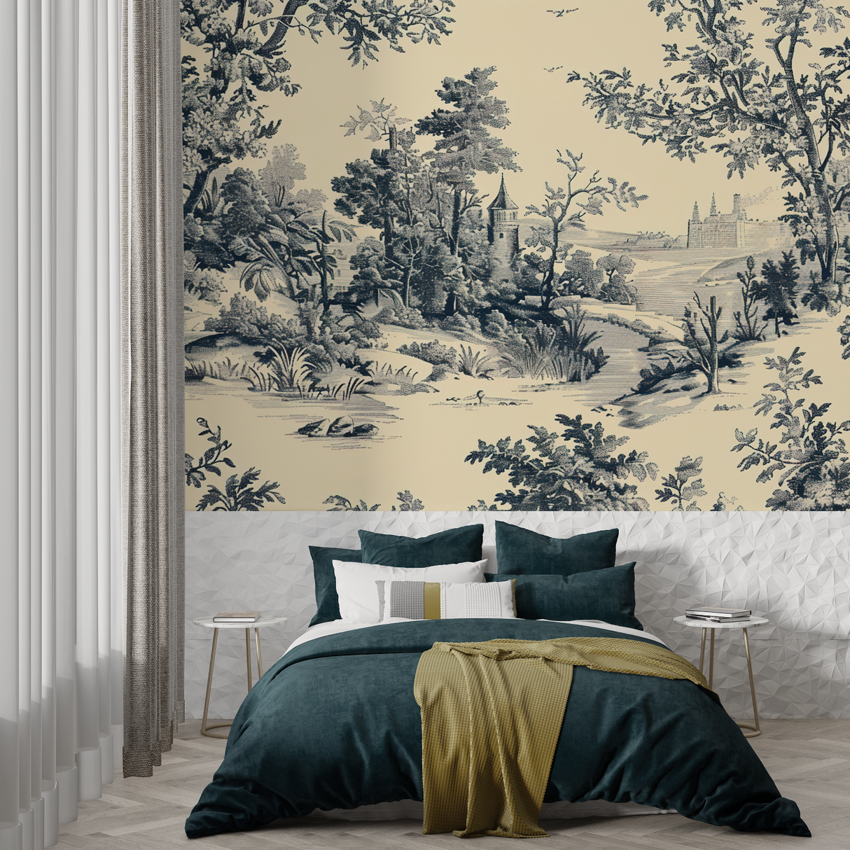 Vintage Castle Mural Wallpaper | Black and Beige Toile de Jouy