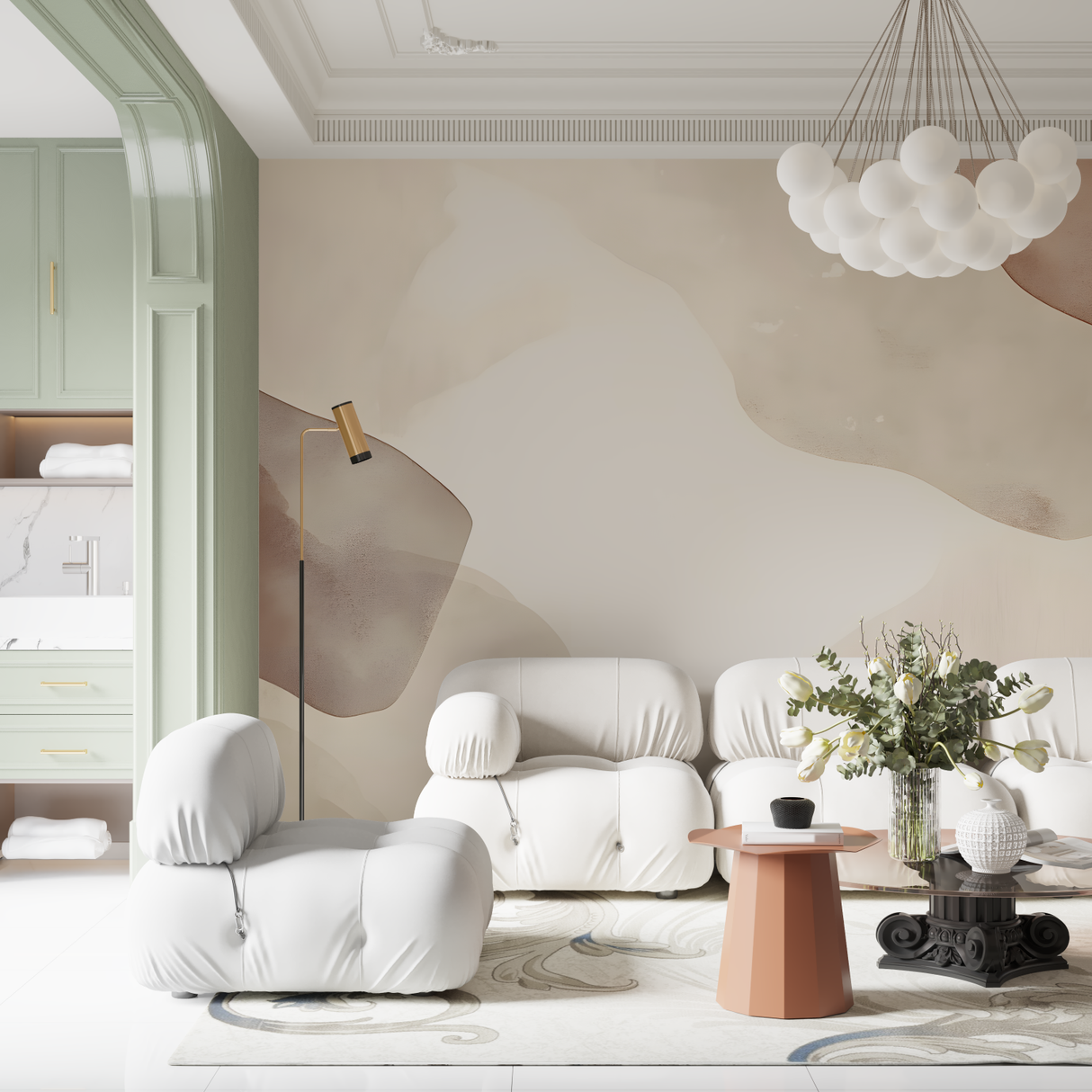 Abstract Mural Wallpaper | Organic Curved Lines in Beige