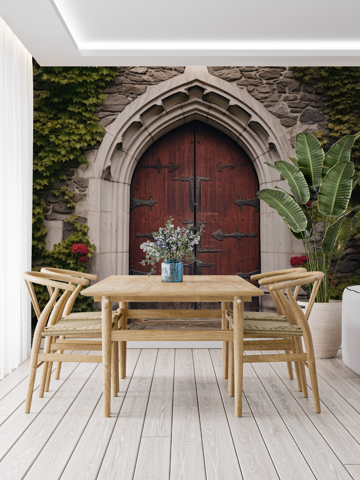 Gothic Door Mural Wallpaper | Ancient Stone Arch with Red Wood