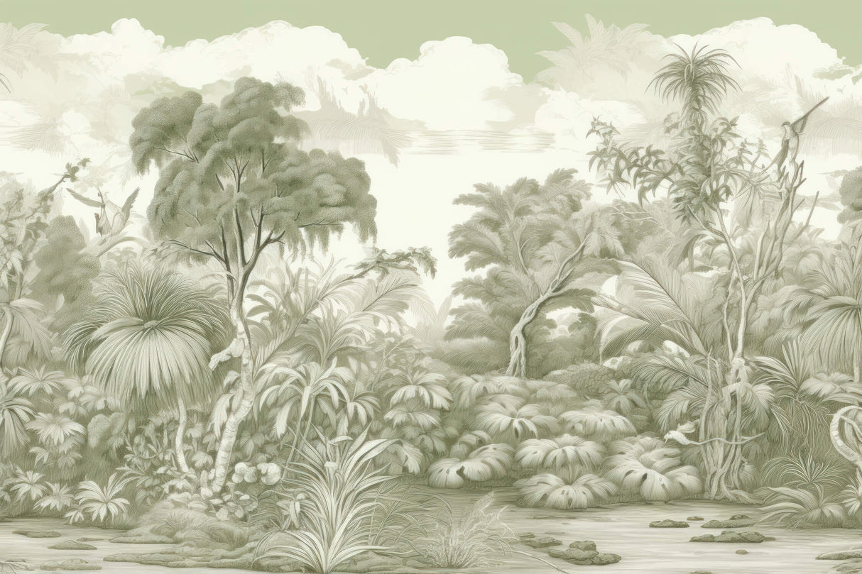 Tropical Mural Wallpaper | Sage Green Jungle Landscape