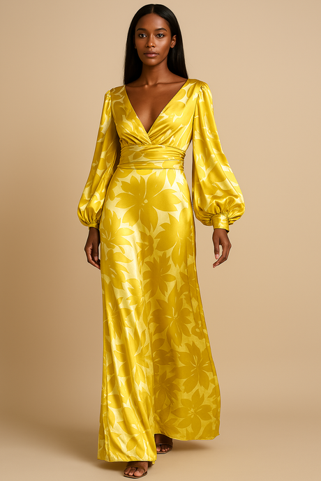 Floral Maxi Dress  Green Botanical V-Neck Design with Balloon Sleeves - Detailed view