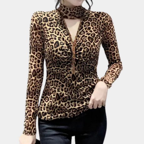 Leopard Print Mesh Top  Choker Neck Design - Product showcase