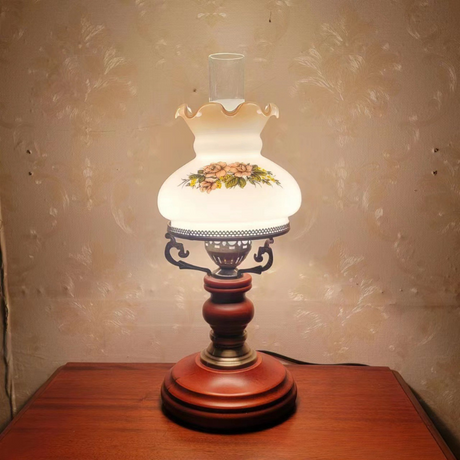 Vintage Table Lamp  Floral Glass Shade Wood Base - Detailed view