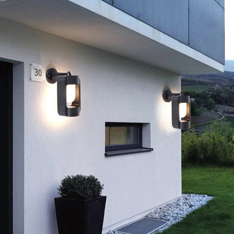 Modern Outdoor Wall Light  Black Metal Amber Glass Design - Product showcase