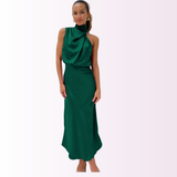 Emerald Evening Dress  Draped High-Neck Satin Maxi - Product detail 16