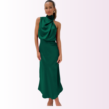 Emerald Evening Dress  Draped High-Neck Satin Maxi - Product detail 16