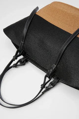 Woven Straw Tote Bag  Leather Trim Natural Finish - Product detail 6