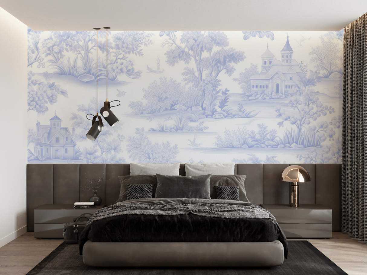 Vintage Mural Wallpaper | Blue Toile de Jouy Pattern